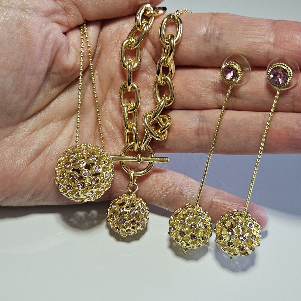 Vintage RJ Graziano Ball Pink Rhinestone Necklace Earrings Bracelet 3 Piece Set